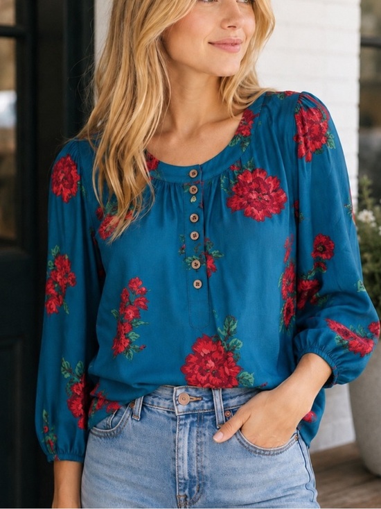 Anthropologie Tops - Maeve Anthropologie Kalas Henley Blouse blue red Floral 25627